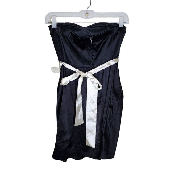 Vintage Y2K Strapless Mini Cocktail Dress Flower Bow Womens Size 5 Black Satin - Picture 2 of 6